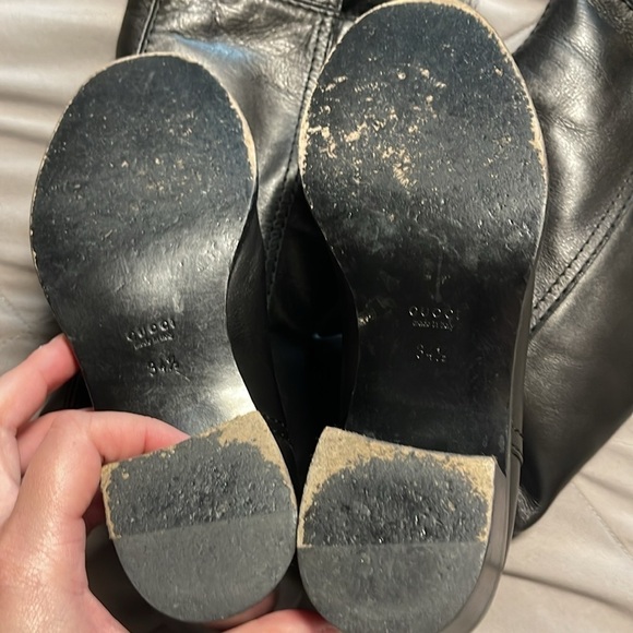 Gucci Vintage Fur Lined Leather Tall Black Gold Heeled Boots Size 4.5 - Picture 8 of 15